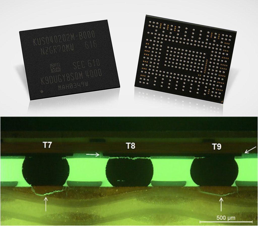 Mikroskopické prasknutie BGA spoja pamäťového čipu SSD