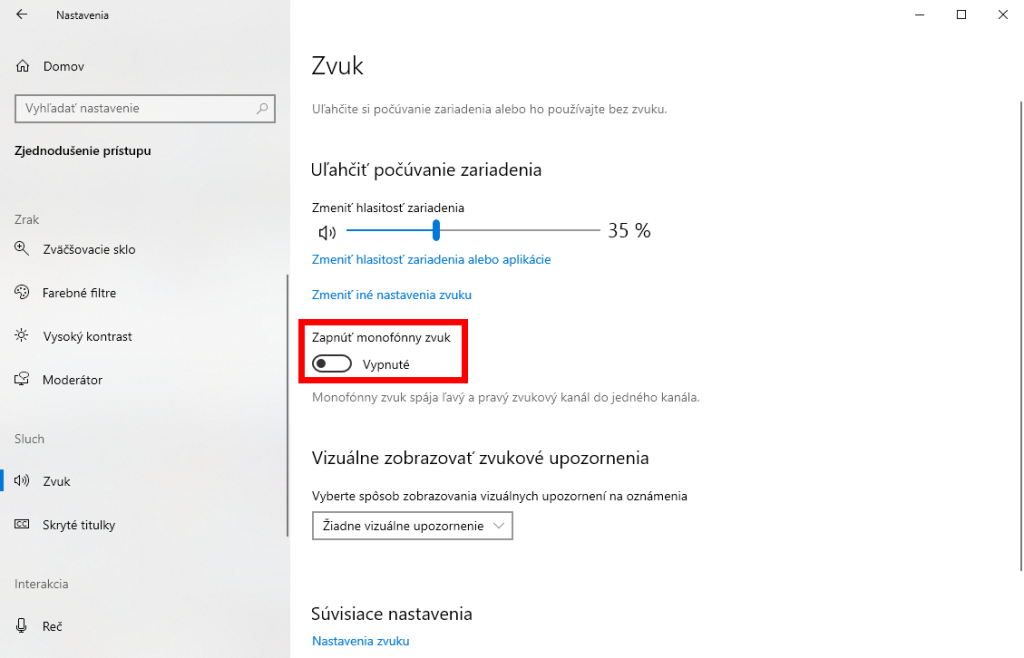 Rýchla aktivácia mono zvuku v nastavení Windows