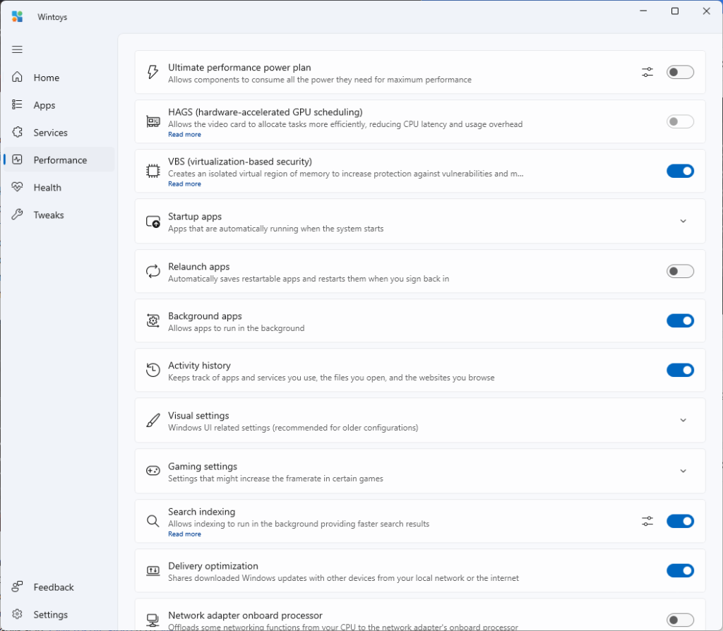 wintoys windows performance settings